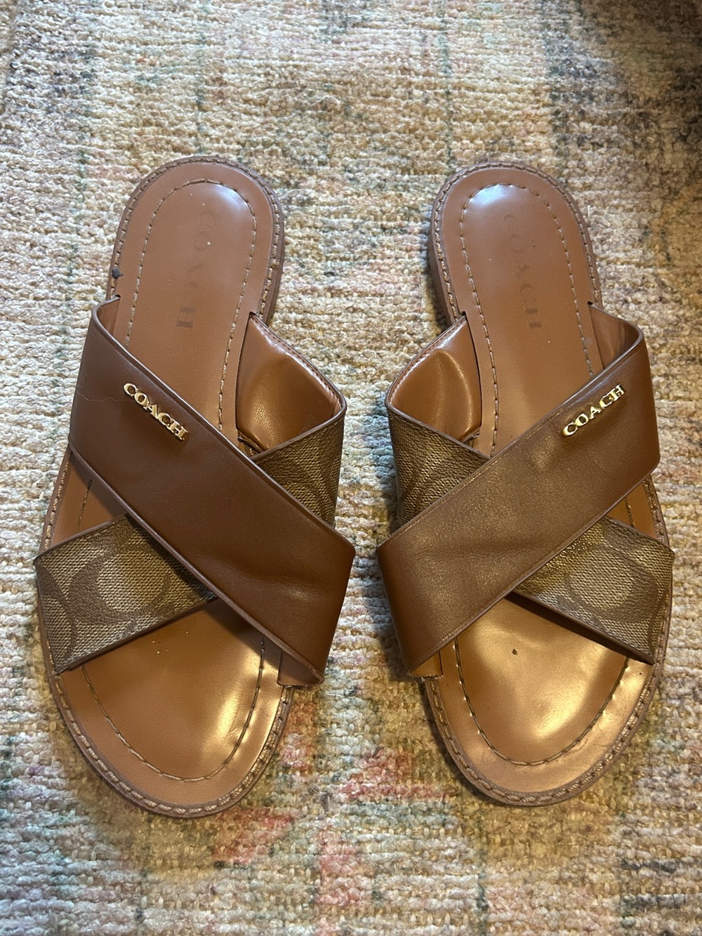 COACH Brown Leather & Signature Slide Sandals